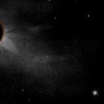 The Earth eclipses the sun in this view of a lunar eclipse from the Moon, imagined by early-20th-century astronomer and artist Lucien Rudaux