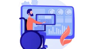 Accessible technology concept with a person in a wheelchair monitoring digital data analytics on a screen.